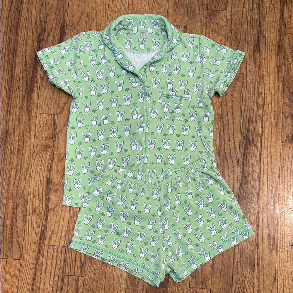 Green Bunny Print Kids Pajamas